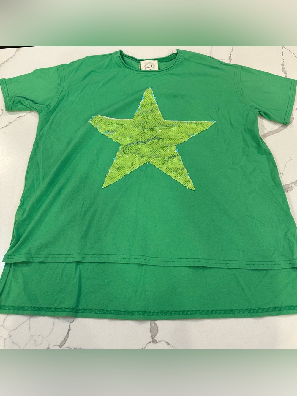 Fantastic Fawn Green Top with Lime Sequin Star